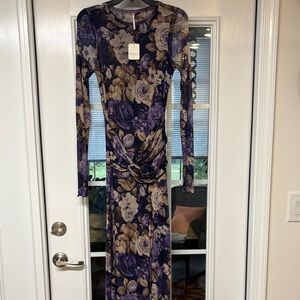 Free People Floral Long Sleeve Dress - Purple and Tan